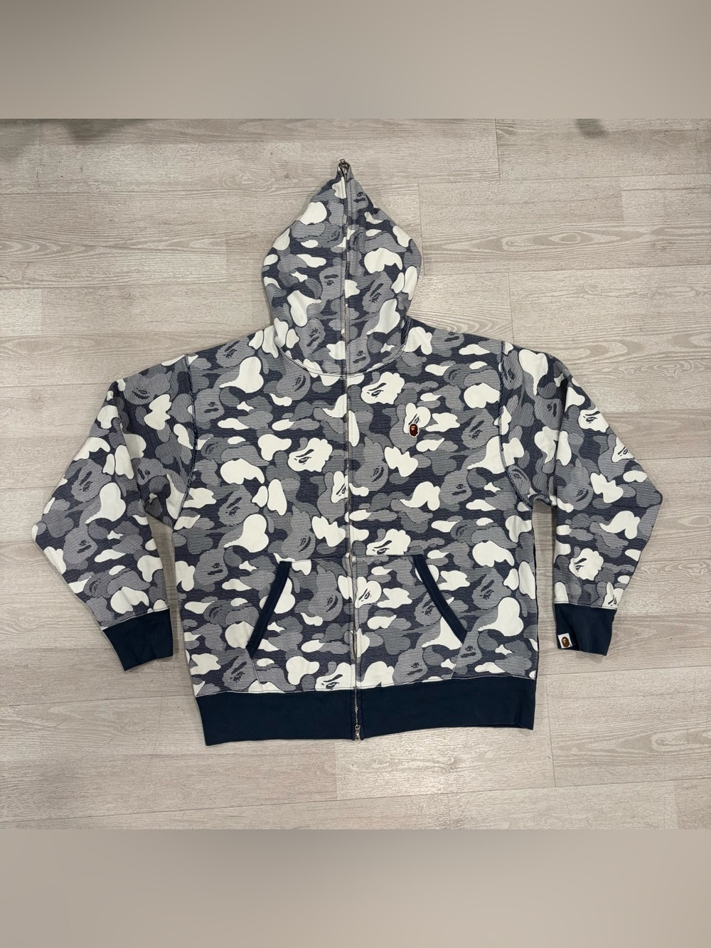 A Bathing Ape BAPE Navy Blue Camo Quilted Back Full-Zip Hoodie Size XL